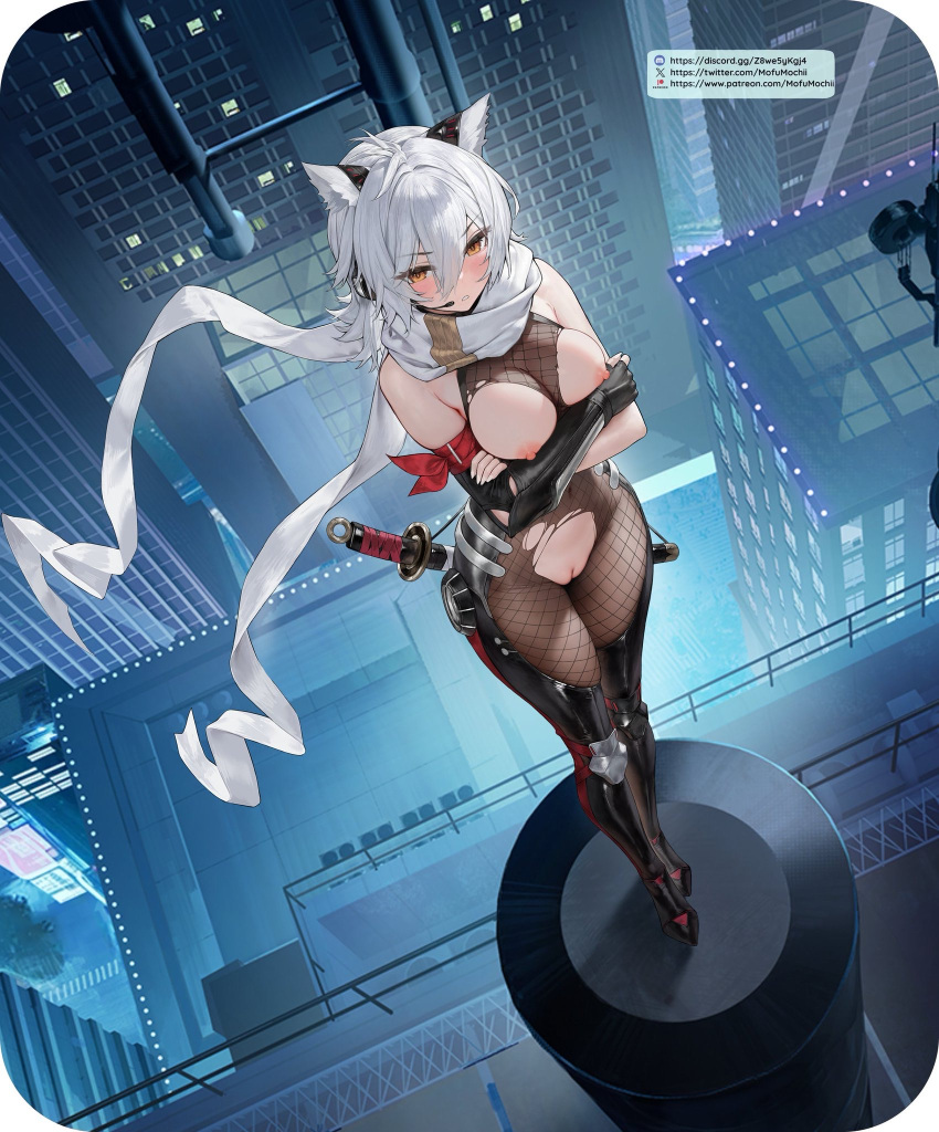 1girl arms_crossed arms_crossed_under_breasts azur_lane big_breasts black_gloves blush breasts breasts_out brown_eyes city dog_ears dog_girl edit female_only fingerless_glove fishnet_bodysuit gauntlet glove long_gloves maya_(azur_lane) mofumochii ninja_girl nipples outside partially_clothed pussy ripped_bodysuit scarf solo_female sword third-party_edit white_hair white_scarf