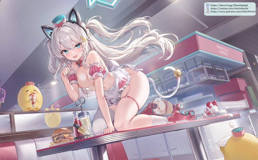 1girls apron azur_lane blush breasts cat_bell cat_ears_hairband cat_pose cat_tail_buttplug cyan_eyes detached_sleeves edited female_only hair_accessory hair_ornament hammann_(azur_lane) hat long_hair maid maid_apron medium_breasts mirror_reflection mofumochii neckwear nipples on_table pussy pussy restaurant roller_skates ship_girl sock solo_female stocking third-party_edit twin_tails white_hair white_sock white_stocking