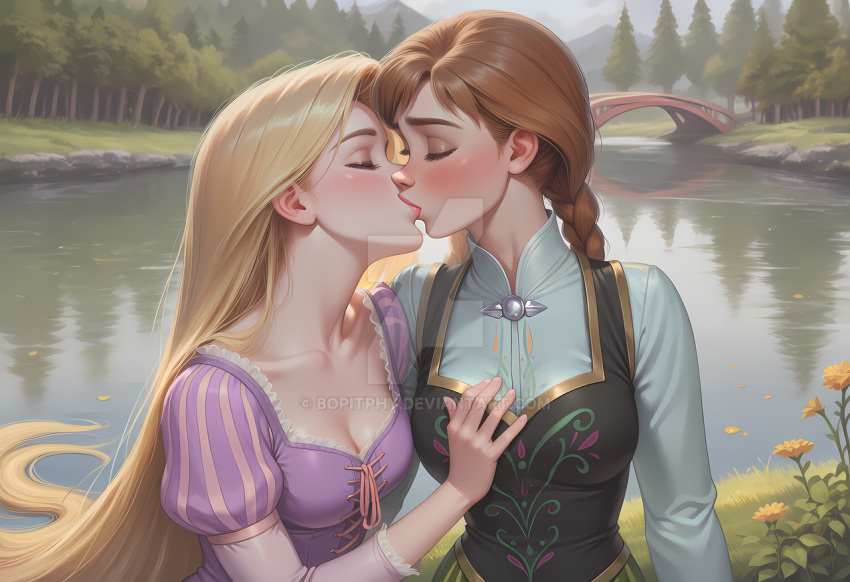 2_girls absurdly_long_hair anna_(frozen) arm_at_side blonde_female blonde_hair blush bopitphy braid braided_ponytail breasts bridge brown_hair cleavage closed_eyes collarbone company_connection couple crossover day disney disney_princess dress duo female/female female_only flower forest frozen_(film) frozen_(movie) grass hand_on_another's_chest kissing lake long_hair long_sleeves love low_ponytail medium_breasts multiple_girls mutual_yuri nature neck outside pine_tree ponytail princess puffy_long_sleeves puffy_sleeves purple_dress rapunzel rapunzel_(tangled) reflection romantic romantic_couple small_breasts straight_hair tangled tangled_(disney) tied_hair tree very_long_hair water wet wet_hair yellow_flower yuri