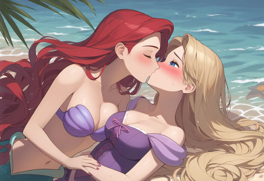 2_girls absurdly_long_hair ariel ariel_(the_little_mermaid) bare_arms bare_shoulders beach bikini blonde_female blonde_hair blue_eyes blush bopitphy breasts cleavage closed_eyes collarbone company_connection couple crossover day disney disney_princess dress duo embarrassed female/female female_only girl_on_top kissing long_hair looking_at_another love lying lying_on_back medium_breasts mermaid midriff multiple_girls mutual_yuri nail_polish navel neck ocean off-shoulder_dress off_shoulder on_back outside palm_tree princess princess_ariel purple_bikini purple_dress purple_nails rapunzel rapunzel_(tangled) red_hair romantic romantic_couple sand shell shell_bikini shy straight_hair strapless strapless_bikini sweat sweatdrop tangled tangled_(disney) the_little_mermaid the_little_mermaid_(1989_film) tree very_long_hair water wavy_hair yuri