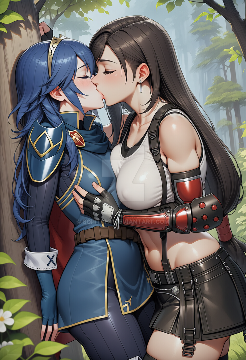 2_girls against_tree armor bangs bare_shoulders big_breasts black_gloves black_hair black_legwear black_skirt black_thighhighs blue_armor blue_cape blue_gloves blue_hair blush bopitphy breast_grab breast_press breasts cape closed_eyes collarbone couple crossover day duo dutch_angle earrings female/female female_only femdom femsub final_fantasy final_fantasy_vii final_fantasy_vii_remake fingerless_gloves fire_emblem fire_emblem_awakening fog foggy forest gloves hair_between_eyes jewelry kissing legs legwear lezdom lezsub long_hair love low-tied_long_hair lucina lucina_(fire_emblem) midriff miniskirt multiple_girls mutual_yuri nature navel neck nintendo outside romantic romantic_couple silver_earrings silver_jewelry skirt sleeveless small_breasts square_enix standing stockings straight_hair streaked_hair suspenders swept_bangs tank_top thighs tied_hair tifa_lockhart tree white_tank_top yuri