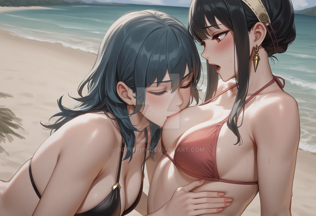2_girls alternate_costume bare_arms bare_shoulders beach big_breasts bikini black_bikini black_hair black_swimsuit blue_hair blush bopitphy breast_sucking breasts byleth_(fire_emblem) byleth_(fire_emblem)_(female) cleavage closed_eyes couple crossover day duo earrings female/female female_moaning female_only fire_emblem fire_emblem:_three_houses gold_earrings gold_jewelry hair_between_eyes half-closed_eyes head_down jewelry lips long_hair looking_at_another love midriff moaning moaning_in_pleasure multiple_girls mutual_yuri nail_polish neck nintendo ocean open_mouth outside pink_nails red_bikini red_eyes red_swimsuit romantic romantic_couple sand short_hair short_hair_with_long_locks spy_x_family sucking_breasts swimsuit water yor_briar yuri