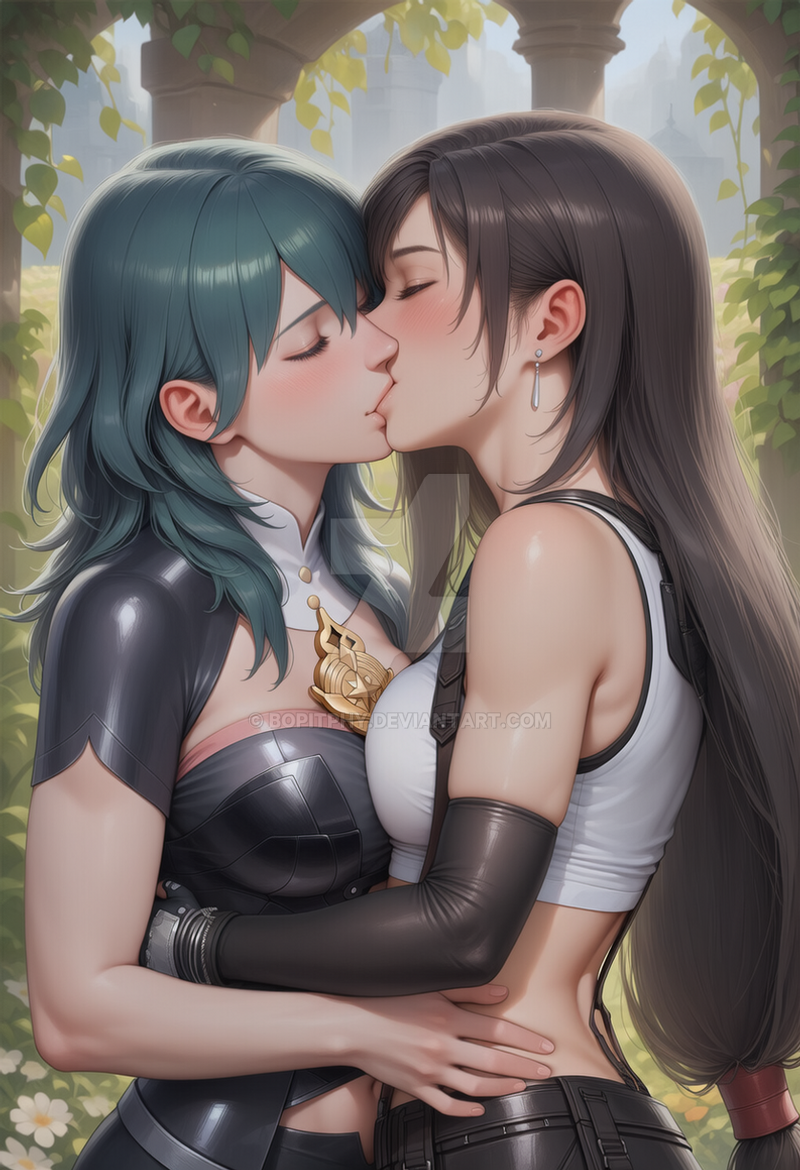 2_girls aqua_hair bangs bare_shoulders big_breasts black_clothing black_gloves black_hair black_skirt blush bopitphy breast_press breasts byleth_(fire_emblem) byleth_(fire_emblem)_(female) closed_eyes couple crossover day detached_collar duo earrings elbow_gloves female/female female_only final_fantasy final_fantasy_vii final_fantasy_vii_remake fire_emblem fire_emblem:_three_houses flower garden gloves hair_between_eyes hugging indoors jewelry kissing lips long_hair love low-tied_long_hair midriff multiple_girls mutual_yuri navel neck nintendo palace pillar plant revealing_clothes romantic romantic_couple short_sleeves silver_earrings silver_jewelry skirt sleeveless square_enix straight_hair suspenders swept_bangs tank_top tied_hair tifa_lockhart very_long_hair white_tank_top yuri