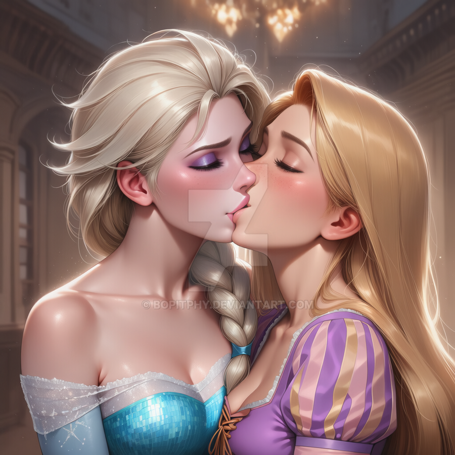 2_girls arm_at_side bangs blonde_female blonde_hair blue_dress blush bopitphy braid breasts chandelier cleavage closed_eyes collarbone company_connection couple crossover disney disney_princess dress duo elsa_(frozen) eyeshadow female/female female_only frozen_(film) frozen_(movie) indoors kissing lips lipstick long_hair love makeup medium_breasts multiple_girls mutual_yuri neck off-shoulder_dress off_shoulder palace parted_bangs pink_lipstick princess purple_dress purple_eyeshadow queen rapunzel rapunzel_(tangled) romantic romantic_couple straight_hair tangled tangled_(disney) tied_hair upper_body very_long_hair window yuri