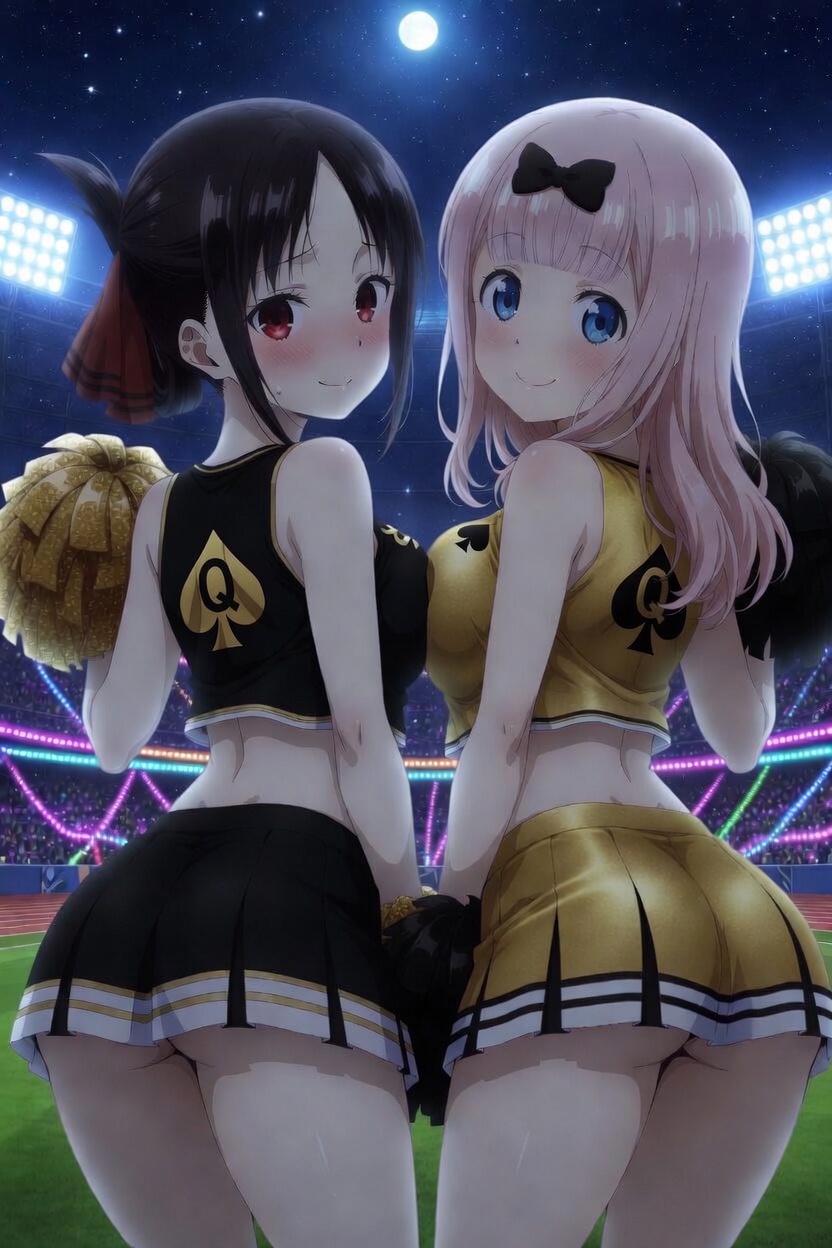 2_girls ass asymmetrical_docking big_ass big_breasts black_hair blacked_clothing blue_eyes breasts cheerleader cheerleader_outfit cheerleader_uniform cheerleaders female_only fujiwara_chika kaguya-sama_love_is_war kaguya-sama_wa_kokurasetai_~tensai-tachi_no_renai_zunousen~ looking_at_viewer night outside perrimsai_(artist) pink_hair pom_poms qos qos_clothing queen_of_spades red_eyes ribbon ribbons shinomiya_kaguya small_breasts spade teenage_girl teenager