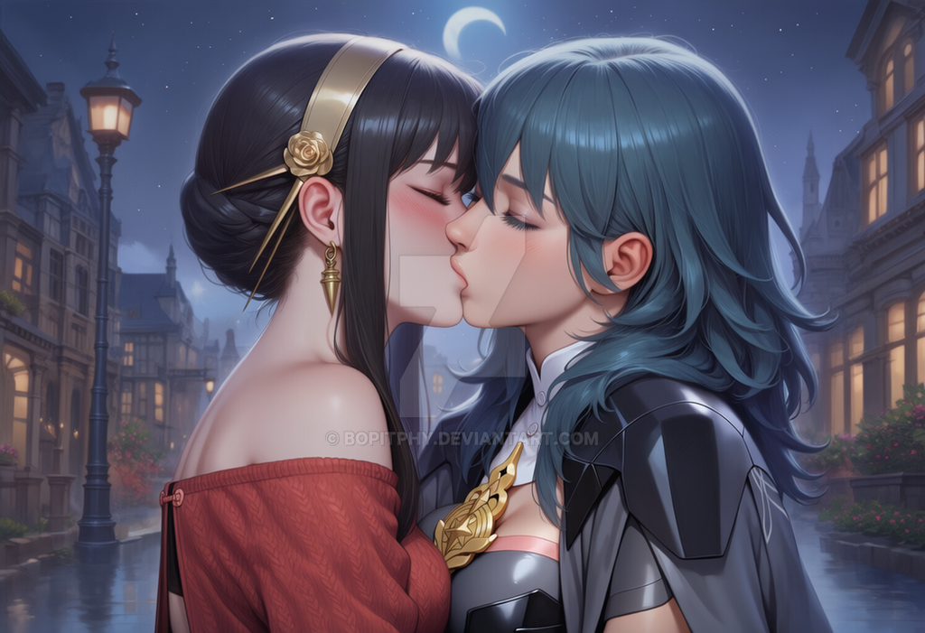2_girls asymmetrical_docking bare_shoulders big_breasts black_hair blue_hair blush bopitphy breast_press breasts building byleth_(fire_emblem) byleth_(fire_emblem)_(female) closed_eyes couple crescent_moon crossover dress duo earrings eyeshadow female/female female_only fire_emblem fire_emblem:_three_houses gold_earrings gold_jewelry hair_between_eyes jewelry kissing lips long_hair long_sleeves love makeup medium_breasts moon multiple_girls mutual_yuri neck night night_sky nintendo off-shoulder_dress off_shoulder red_dress romantic romantic_couple short_hair short_hair_with_long_locks sky spy_x_family star starry_sky street upper_body yor_briar yuri