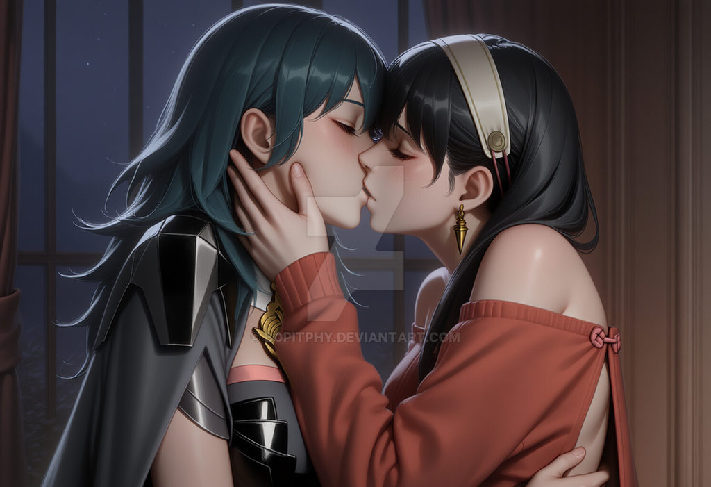2_girls bare_shoulders big_breasts black_hair blue_hair blush bopitphy breasts byleth_(fire_emblem) byleth_(fire_emblem)_(female) closed_eyes couple crossover curtains dress duo earrings female/female female_only fire_emblem fire_emblem:_three_houses gold_earrings gold_jewelry hair_between_eyes hand_up indoors jewelry kissing lips long_hair long_sleeves love multiple_girls mutual_yuri neck night nintendo off-shoulder_dress off_shoulder red_dress romantic romantic_couple short_hair short_hair_with_long_locks spy_x_family upper_body window yor_briar yuri