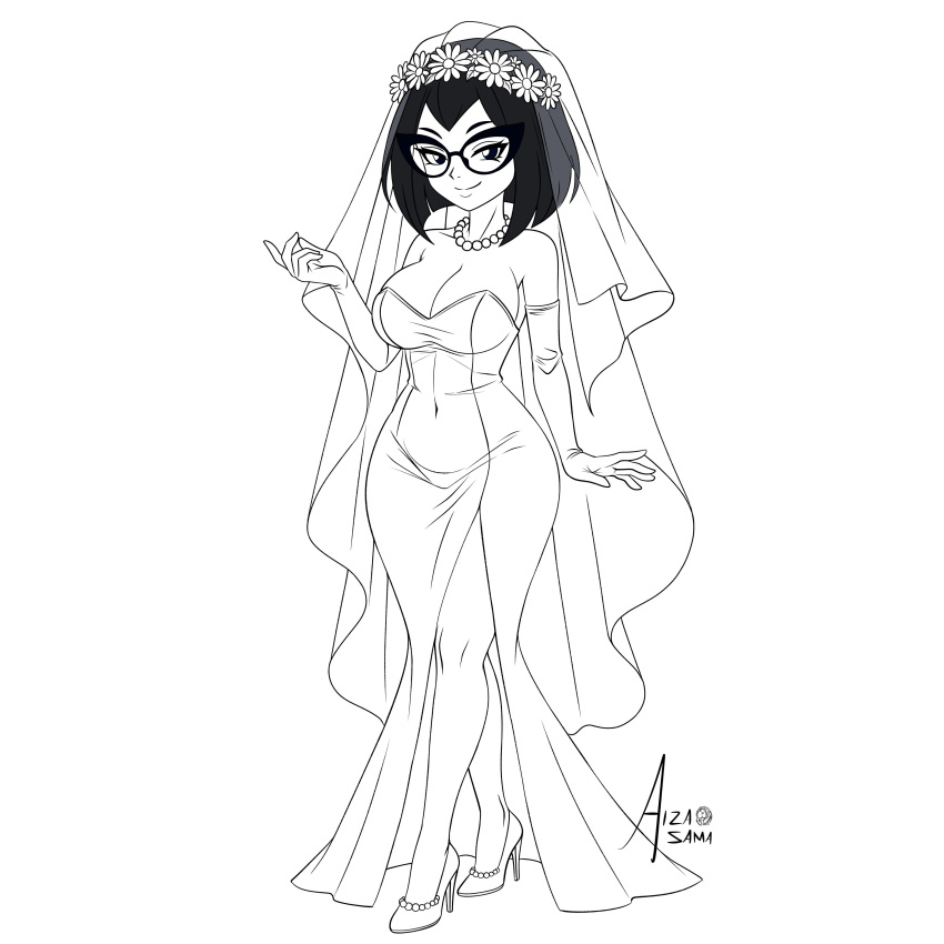 aizasama4 big_breasts breasts bridal_veil bride elbow_gloves floral_headgear glasses gloves high_heels looking_at_viewer monochrome necklace nickelodeon pearl_necklace the_fairly_oddparents tootie wedding_dress wedding_veil