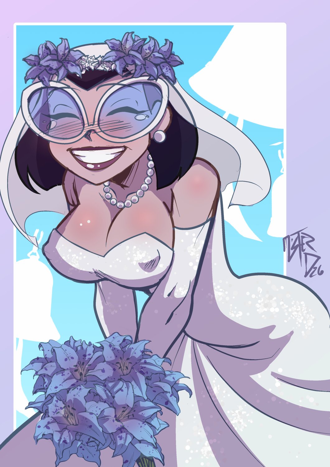 artist_signature bells big_breasts black_hair breasts bride closed_eyes earring elbow_gloves erect_nipples_under_clothes glasses gloves mister_d necklace nickelodeon pearl_necklace the_fairly_oddparents tootie wedding_bells wedding_bouquet wedding_dress wedding_veil