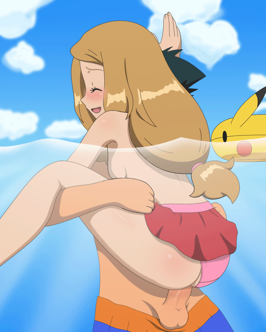 1boy 1girl amourshipping animated beach bikini_bottom canon_couple female gif jitan male nintendo ocean pokemon pokemon_(anime) pokemon_xy satoshi_(pokemon) serena_(pokemon) sex topless underwater underwater_sex