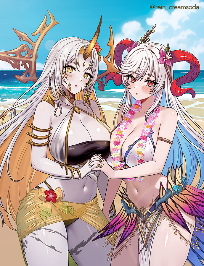 1girl 1girl 2_girls alluring armlet asymmetrical_docking bare_arms bare_shoulders beach big_breasts bikini black_bikini blonde_hair blue_hair blush breast_press cleavage collarbone colored_inner_hair colored_skin commentary commission curled_horns english_commentary fire_emblem fire_emblem_heroes flower flower_necklace freyja_(fire_emblem) freyja_(summer)_(fire_emblem) goat_horns grey_skin gullveig_(fire_emblem) gullveig_(summer)_(fire_emblem) halo holding_hands horns intelligent_systems jewelry large_horns long_hair looking_at_viewer multicolored_hair multiple_girls navel necklace nintendo ocean official_alternate_costume outside red_horns rein_creamsoda sarong see-through_clothes single_horn stomach swimsuit thick_thighs thighs twitter_username two-tone_hair very_long_hair white_bikini white_hair wide_hips yellow_eyes yellow_halo yellow_sarong yuri