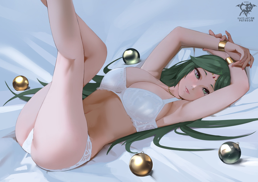 1girl 1girl absurd_res alluring arms_up artist_logo artist_name ass bed_sheet big_breasts bra bracelet christmas_ornaments circlet closed_mouth gold_bracelet green_eyes green_hair high_res jewelry kaos_art kid_icarus legs legs_up lips logo lying navel necklace nintendo on_back palutena panties stomach thighs underwear underwear_only white_bra white_panties