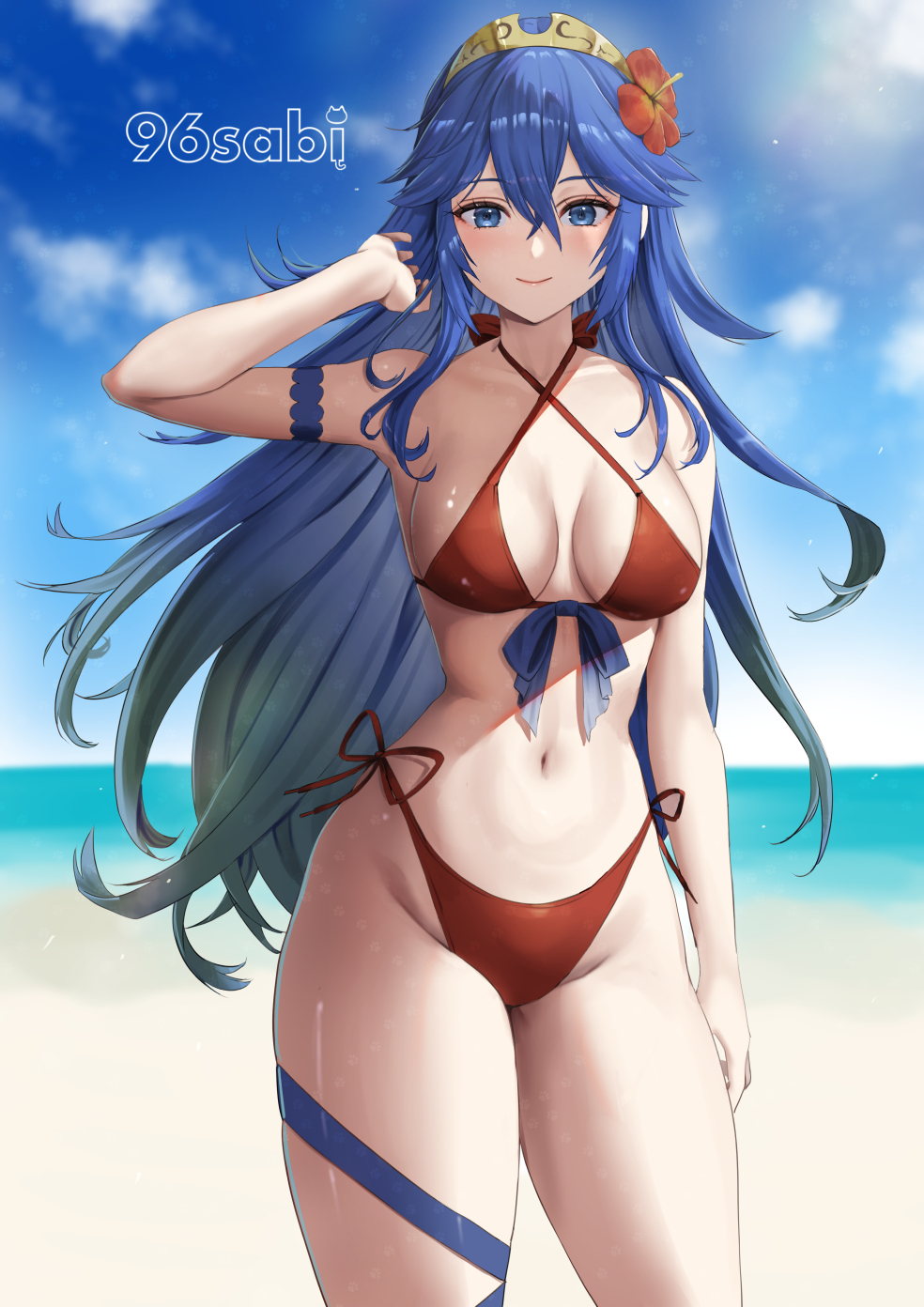 1girl 1girl alluring alternate_costume beach bikini blue_eyes blue_hair commentary_request commission fire_emblem fire_emblem_awakening fire_emblem_warriors high_res intelligent_systems long_hair looking_at_viewer lucina lucina_(fire_emblem) nintendo red_bikini smile swimsuit vgen_commission yamamori_kinako