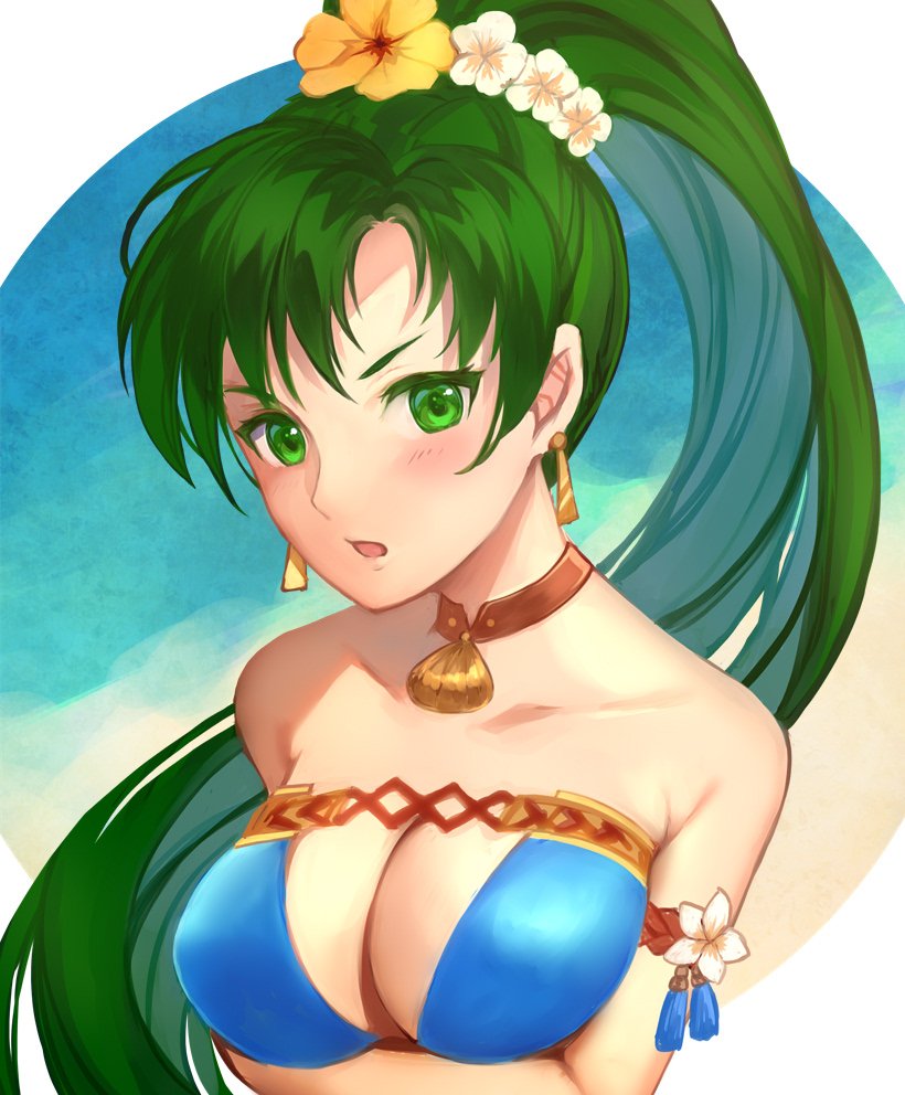 1girl 1girl alluring bikini blue_bikini blush cleavage cleavage_cutout clothing_cutout female_focus fire_emblem fire_emblem:_the_blazing_blade fire_emblem_heroes fire_emblem_warriors flower green_eyes green_hair intelligent_systems jurge long_hair looking_at_viewer lyn lyn_(fire_emblem) lyn_(lady_of_the_beach)_(fire_emblem) lyndis lyndis_(fire_emblem) nintendo official_alternate_costume outside_border ponytail simple_background smile strapless strapless_bikini swimsuit v-shaped_eyebrows