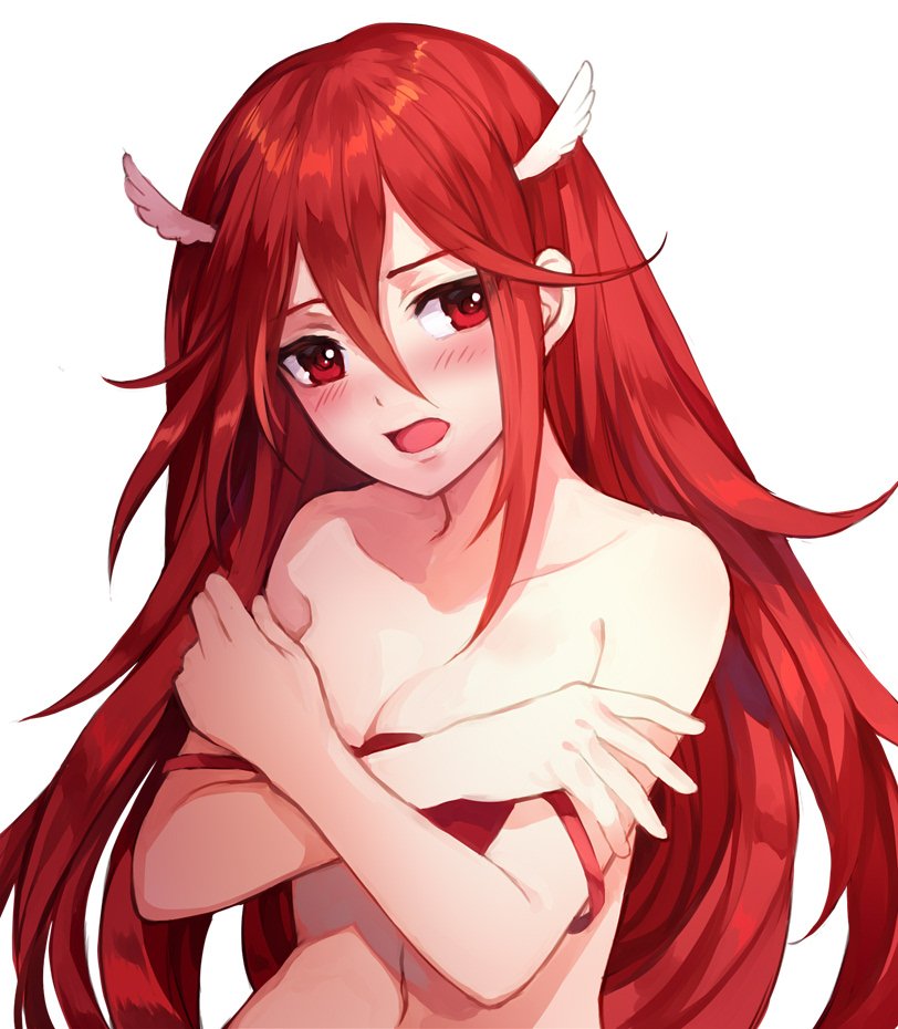 1girl 1girl alluring bikini blush breast_conscious cleavage cordelia_(fire_emblem) covering_breasts covering_privates female_focus fire_emblem fire_emblem_awakening fire_emblem_warriors hair_between_eyes hair_ornament head_tilt head_wings intelligent_systems jurge long_hair matching_hair/eyes navel nintendo open_mouth red_bikini red_eyes red_hair simple_background small_breasts swimsuit upper_body very_long_hair white_background wing_hair_ornament wings