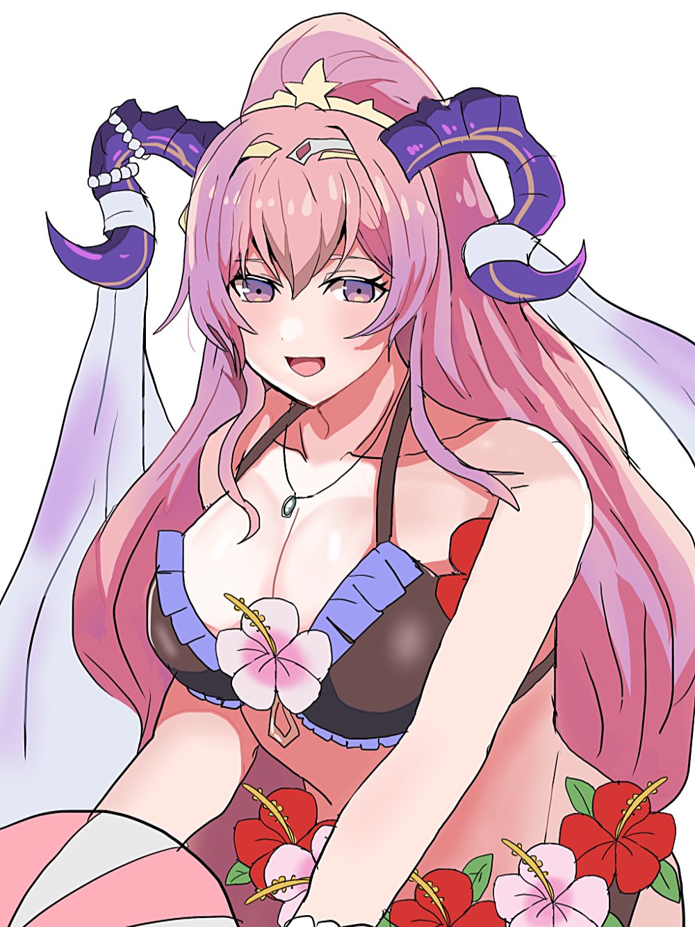 1girl 1girl :d alluring bare_shoulders big_breasts bikini black_bikini cleavage fire_emblem fire_emblem_heroes goat_horns hair_between_eyes high_res horns intelligent_systems jewelry long_hair looking_at_viewer necklace nerthuz_(fire_emblem) nerthuz_(summer)_(fire_emblem) nintendo official_alternate_costume open_mouth pink_hair ponytail purple_eyes rem_(eyes_410) smile swimsuit upper_body very_long_hair white_background