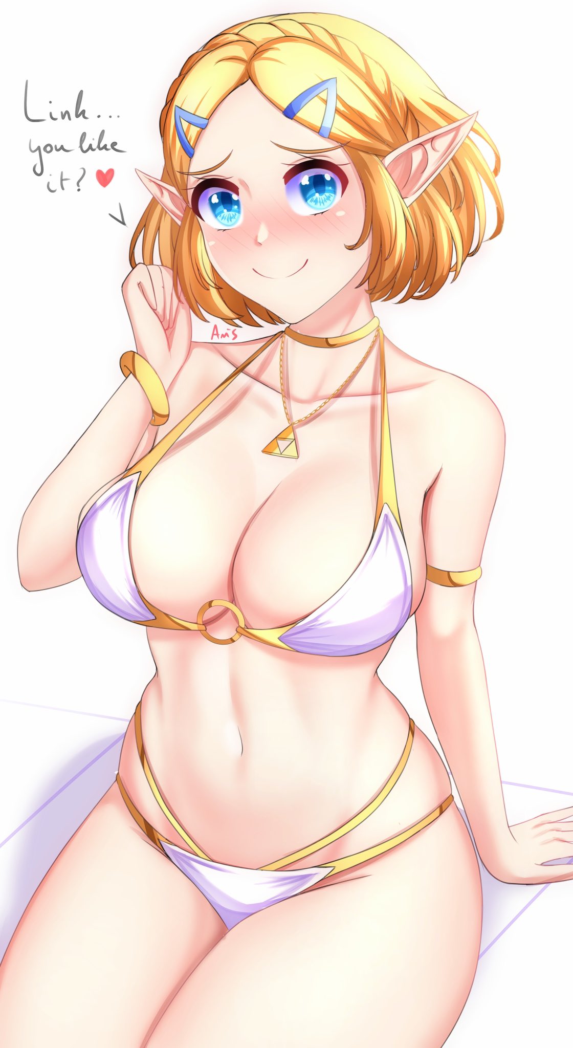 1girl alluring anisdrawn big_breasts bikini blonde_hair blue_eyes blush cleavage high_res necklace nintendo pointy_ears princess_zelda short_hair sitting smile text the_legend_of_zelda the_legend_of_zelda:_tears_of_the_kingdom zelda_(tears_of_the_kingdom)