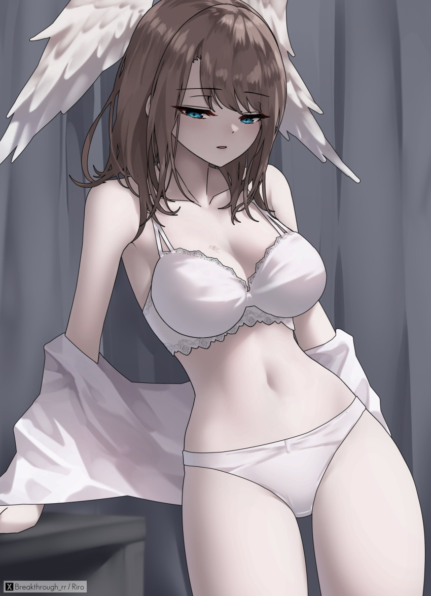 1girl alluring big_breasts blue_eyes bra brown_hair commentary cowboy_shot english_commentary eunie_(xenoblade) head_wings high_res indoors medium_hair miniskirt navel nintendo panties parted_bangs parted_lips riro_(breakthrough_rr) shirt shirt_partially_removed skirt standing stomach twitter_username underwear underwear_only white_bra white_panties white_shirt white_wings wings xenoblade_(series) xenoblade_chronicles_3