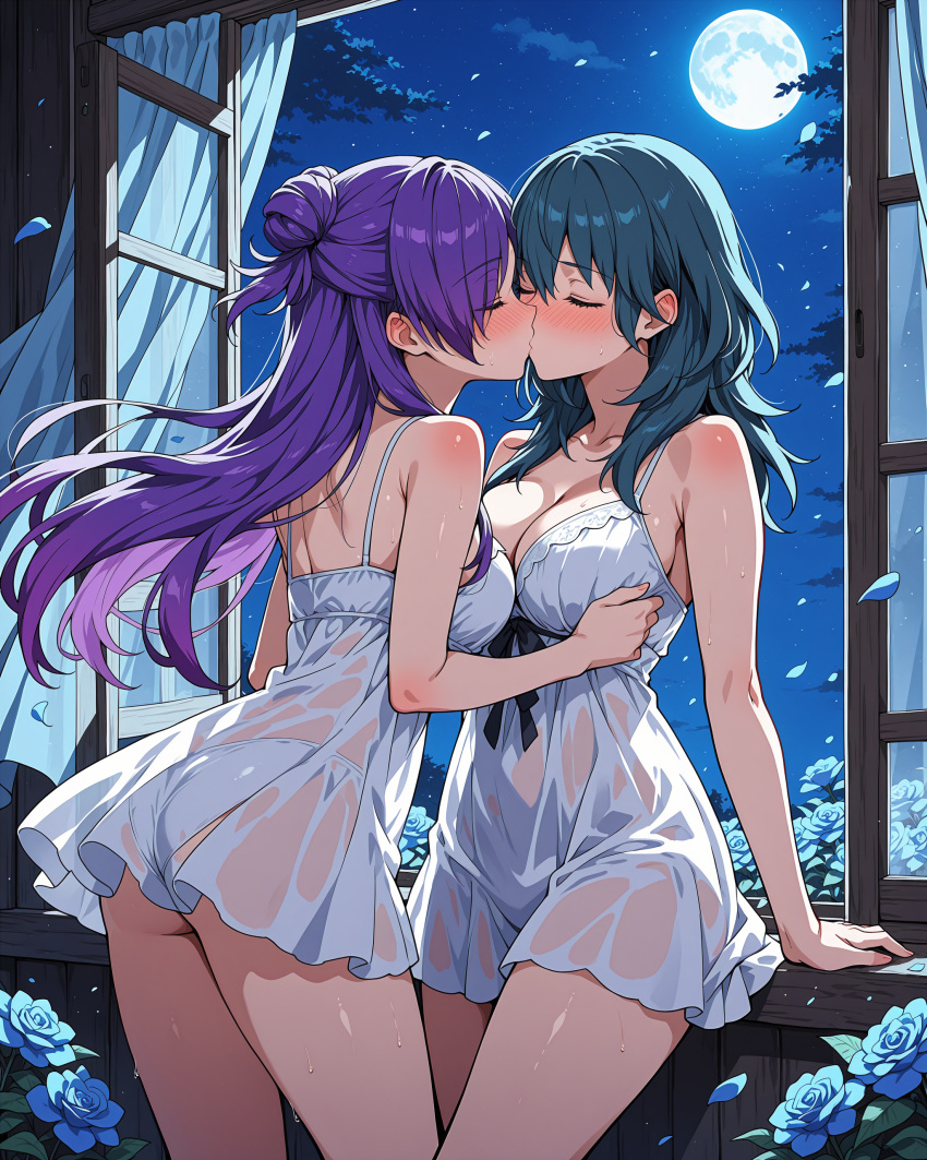 2_girls accurate_art_style alluring byleth_(fire_emblem) byleth_(fire_emblem)_(female) closed_eyes fire_emblem intelligent_systems kissing lingerie medium_breasts nintendo purple_hair shez_(fire_emblem) shez_(fire_emblem)_(female) teal_hair yuri yuriship.art