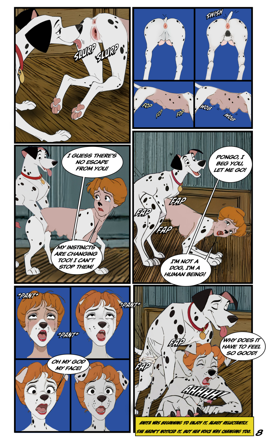 101_dalmatians 1girl anita_radcliffe canine comic disney english english_text pongo sambaci61 text text_bubble transformation transformation_through_sex zoophilia
