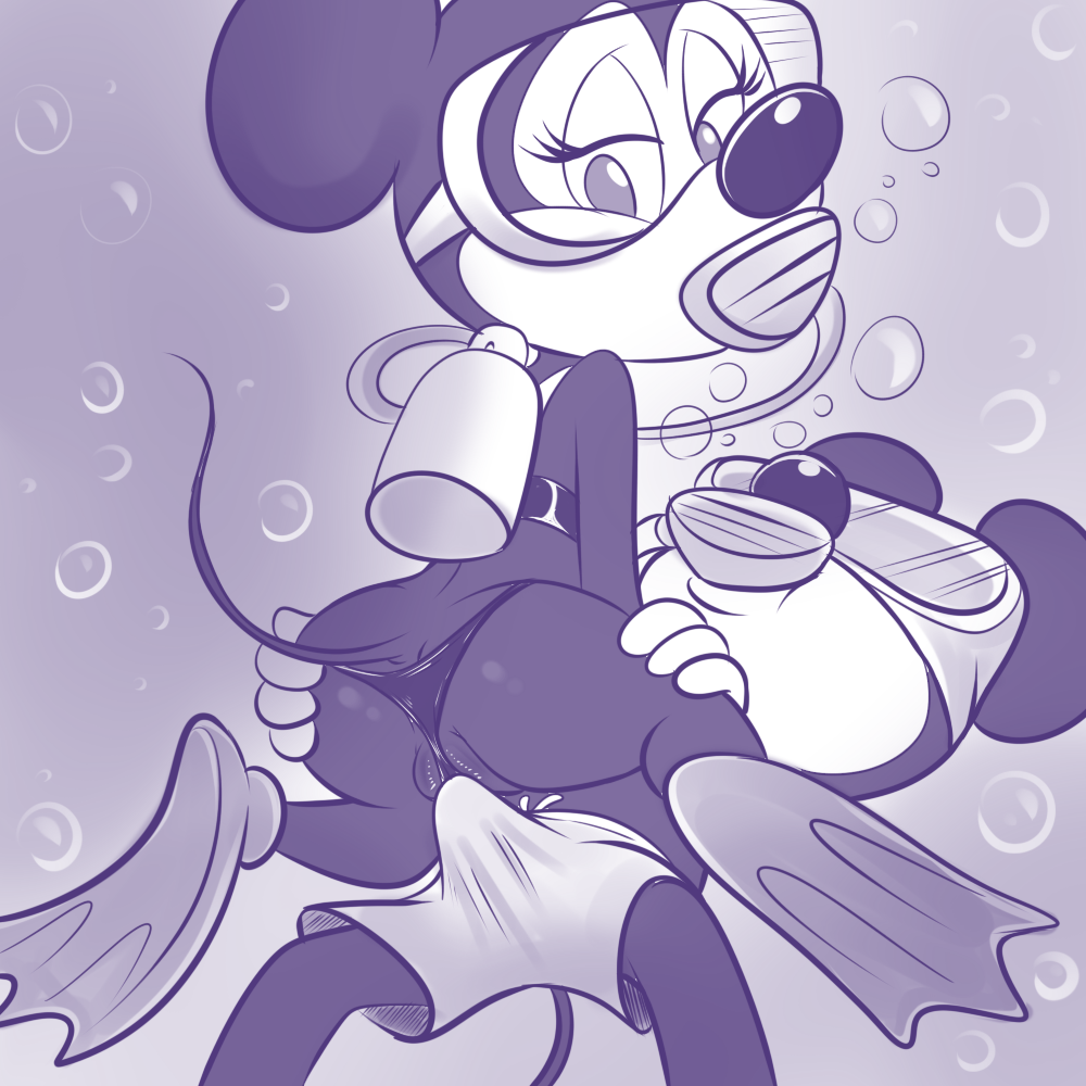 1:1 1girl anthro ass bikini bikini_bottom bikini_top blue_and_white bubble clothing disney diving_mask duo erection erection_under_clothing eyewear genitals goggles lonbluewolf looking_back looking_down male mammal mask mickey_mouse minnie_mouse monochrome mouse murid murine pussy_floss raised_tail rodent scuba_diving scuba_tank sea swimming_fins swimming_goggles swimming_trunks swimwear tail two-piece_swimsuit vulva water