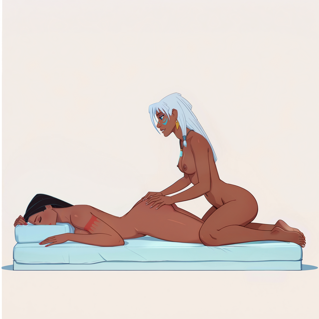 1girl 2_girls 2d ai_generated areola arm_tattoo ass ass_massage atlantis:_the_lost_empire barefoot biting_lip black_hair breasts closed_eyes completely_naked completely_naked_female completely_nude completely_nude_female dark-skinned_female dark_hair dark_skin disney disney_princess earrings eyeshadow feet female/female female_focus female_only girl_on_girl gold_earrings hand_on_ass hands_on_ass holding_pillow kida kidagakash legs long_hair lying_down lying_on_stomach makeup massage massage_bed naked_female native_american native_american_female nipples nude nude nude_female pendant pillow pocahontas pocahontas_(character) relaxing side_view simple_background sitting_on_another sitting_on_person tattoo tattoo_under_eye thighs tied_hair uzzlegorf white_hair white_sheets