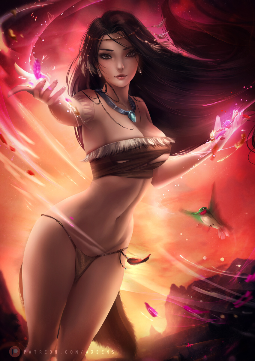 1girl alternate_costume arm_up axsens bangs bare_arms bare_legs bare_shoulders big_breasts bird black_hair breasts brown_eyes cleavage closed_mouth collarbone dark-skinned_female dark_skin disney disney_princess earrings female_only female_solo flit_(pocahontas) floating_hair hand_up hummingbird jewelry legs legs_together lips lipstick long_hair looking_at_viewer makeup medium_breasts midriff native_american naughty_face navel neck necklace outstretched_arm parted_bangs pocahontas pocahontas_(character) smile solo_focus standing straight_hair strapless thighs very_long_hair wind