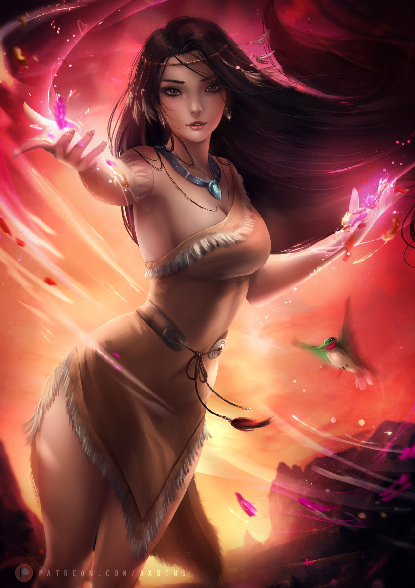 1girl arm_up axsens bangs bare_arms bare_legs bare_shoulders big_breasts bird black_hair breasts brown_eyes cleavage collarbone dark-skinned_female dark_skin disney disney_princess dress earrings female_only female_solo flit_(pocahontas) floating_hair grin hand_up hummingbird jewelry legs legs_together lips lipstick long_hair looking_at_viewer makeup medium_breasts native_american naughty_face neck necklace outstretched_arm parted_bangs parted_lips pocahontas pocahontas_(character) side_slit single-shoulder_dress smile solo_focus standing straight_hair thighs very_long_hair wind yellow_dress