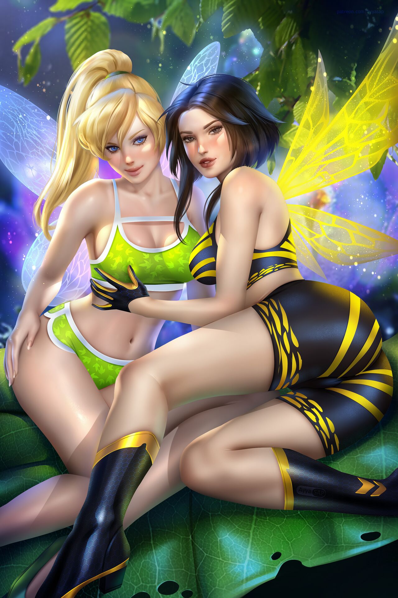 2_girls alternate_costume alternate_hairstyle arm_at_side ass avengers ayyasap bangs bare_arms bare_legs bare_shoulders big_ass black_eyes black_hair blonde_female blonde_hair blue_eyes blush breast_grab breasts brown_lipstick cleavage closed_mouth collarbone couple crossover day disney disney_fairies duo fairy_wings female/female female_only forest grabbing grabbing_another's_breast grin hair_between_eyes half-closed_eyes hand_up head_tilt heroine high_ponytail insect_wings janet_van_dyne leaf leaves legs lips lipstick long_hair looking_at_viewer looking_back love makeup marvel marvel_comics medium_breasts midriff mini_person multiple_girls mutual_yuri naughty_face navel neck outside parted_bangs parted_lips peter_pan peter_pan_(1953_film) peter_pan_(disney) pink_lipstick plant ponytail romantic romantic_couple short_hair sidelocks sitting smile straight_hair superheroine swept_bangs thighs tied_hair tinker_bell wasp_(marvel) wings yuri