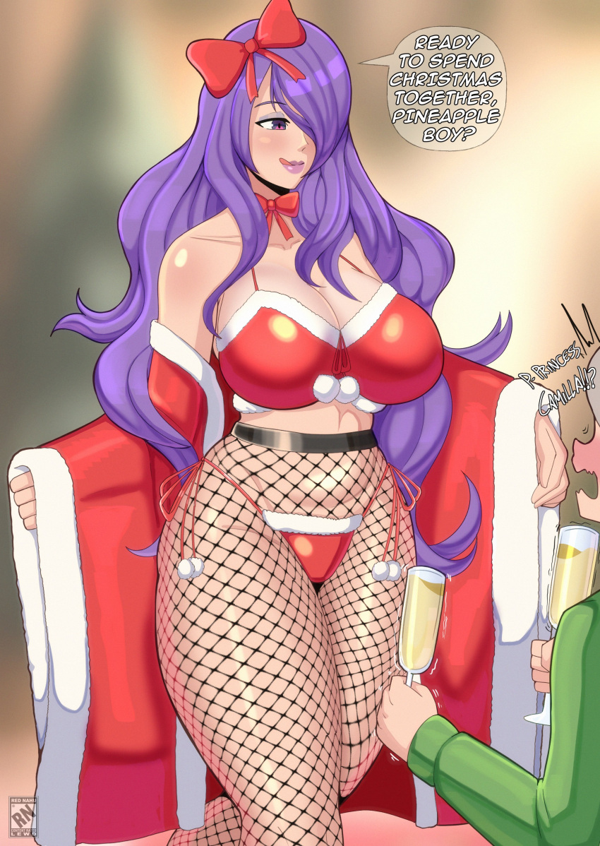 1boy 1girl absurd_res alluring big_breasts blush bow camilla_(fire_emblem) caprednahu christmas cleavage commentary english_commentary english_text fire_emblem fire_emblem_fates fire_emblem_warriors fishnet_thighhighs fishnets fur_trim grey_hair hair_bow hair_over_one_eye high_res intelligent_systems lips long_hair nintendo open_mouth purple_eyes purple_hair purple_lips santa_costume speech_bubble stockings takumi_(fire_emblem) very_long_hair wavy_hair