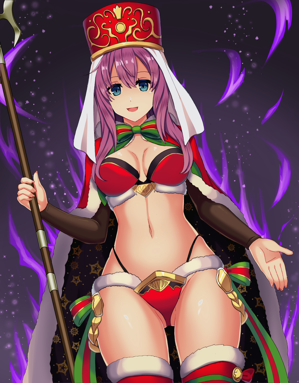 1girl 1girl 1girl 2d 2d_(artwork) :d alluring alternate_costume bangs bare_thighs blue_eyes cape christmas cleavage cosplay eremiya_(fire_emblem) female_only fire_emblem fire_emblem:_new_mystery_of_the_emblem fire_emblem_awakening fire_emblem_heroes fur-trimmed_legwear fur_trim groin hair_between_eyes hat high_res holding holding_staff intelligent_systems long_hair looking_at_viewer navel nintendo purple_hair red_headwear ribbon shira_yu_ki smile staff stockings tharja_(fire_emblem)_(cosplay) thighs veil