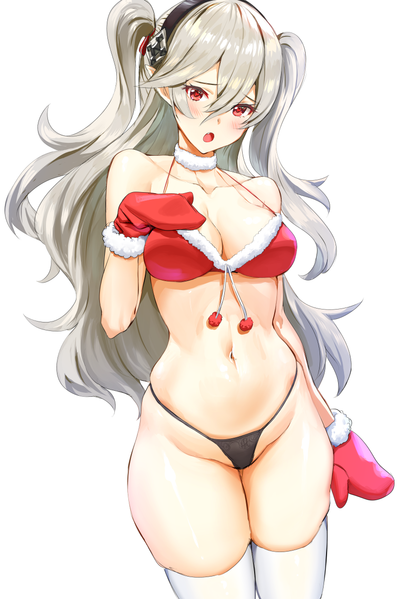 1girl 1girl 1girl alluring alternate_costume alternate_hairstyle athenawyrm black_hairband black_legwear christmas cleavage corrin_(fire_emblem) corrin_(fire_emblem)_(female) fire_emblem fire_emblem_fates fire_emblem_warriors fur_trim hairband high_res intelligent_systems long_hair mittens navel nintendo open_mouth platinum_blonde_hair pointy_ears red_eyes red_mittens simple_background solo_female stockings twin_tails white_background white_hair