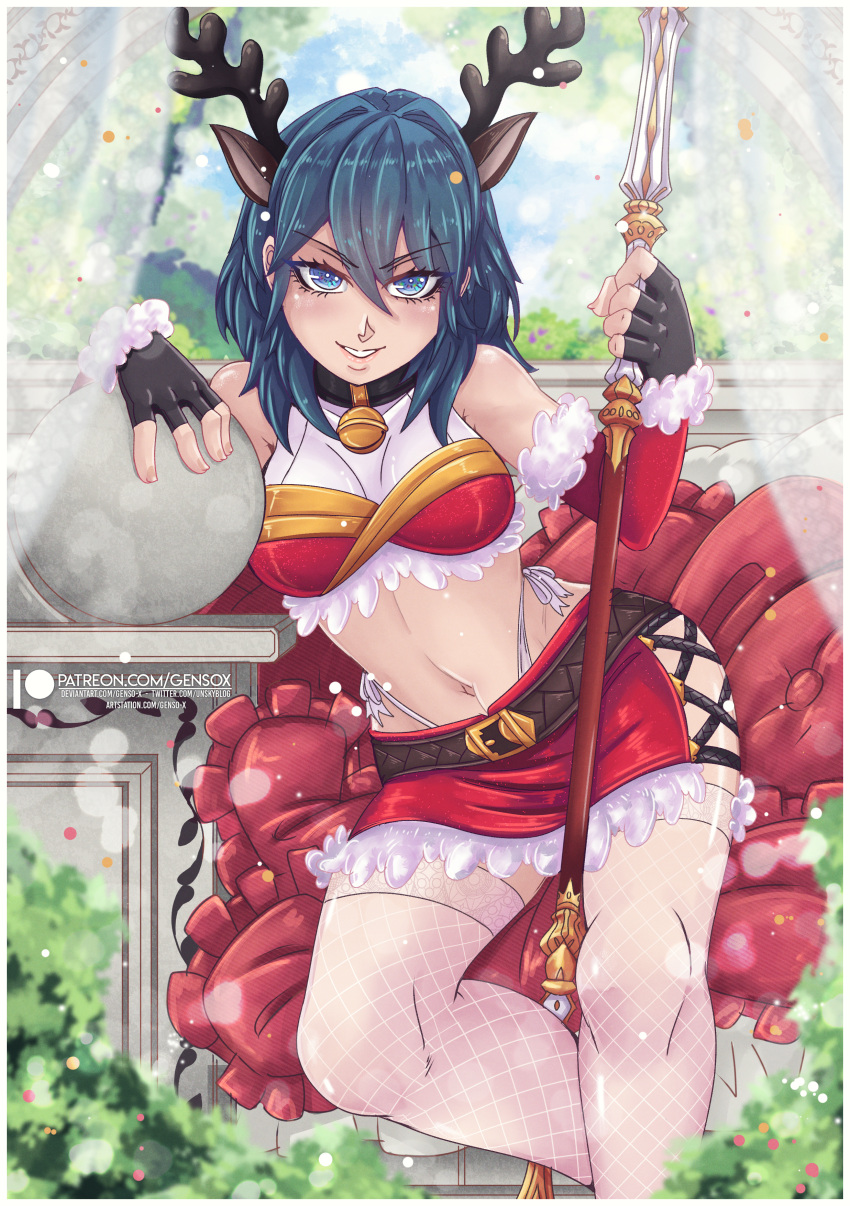 1girl 1girl 1girl alluring alternate_costume animal_ears antlers ass_visible_through_thighs bare_midriff bare_shoulders bare_thighs bell bell_collar belt blue_eyes breasts bush byleth_(fire_emblem) byleth_(fire_emblem)_(female) christmas collar curtains fake_animal_ears female_only fingerless_gloves fire_emblem fire_emblem:_three_houses fishnet_legwear fishnets gensox gloves grin hair_between_eyes intelligent_systems looking_at_viewer medium_breasts medium_hair midriff mischievous mischievous_grin mischievous_look mischievous_smile navel nintendo outside panties pillow see-through shoulders sitting skirt smile spear stockings teal_hair thighs thong underwear weapon white_panties wide_hips