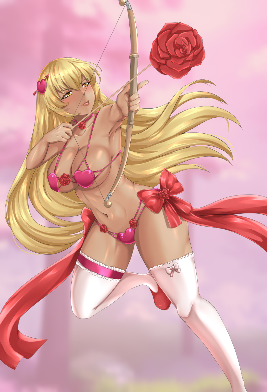 1girl 1girl 1girl alluring alternate_costume arrow_(weapon) attack bare_midriff bare_thighs big_breasts blonde_hair bow_(weapon) cleavage dark-skinned_female dark_skin female_only fire_emblem fire_emblem:_the_binding_blade heart igrene_(fire_emblem) intelligent_systems long_hair midriff nintendo open_mouth red_ribbon ribbon rinku_bny rose_(flower) smile stockings thick_thighs thighs valentine's_day very_long_hair weapon yellow_eyes