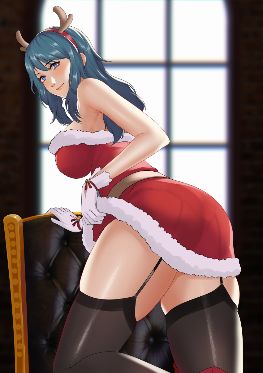 1girl 1girl 1girl alluring alternate_costume artist_name ass bare_arms bare_thighs big_breasts blue_eyes byleth_(fire_emblem) byleth_(fire_emblem)_(female) chair christmas chungmechanic dress dress_lift female_focus female_only fire_emblem fire_emblem:_three_houses gloves hat high_res intelligent_systems lifted_by_self long_hair looking_at_viewer looking_back medium_breasts nintendo pantylines santa_hat skindentation smile stockings teal_hair teasing thighs
