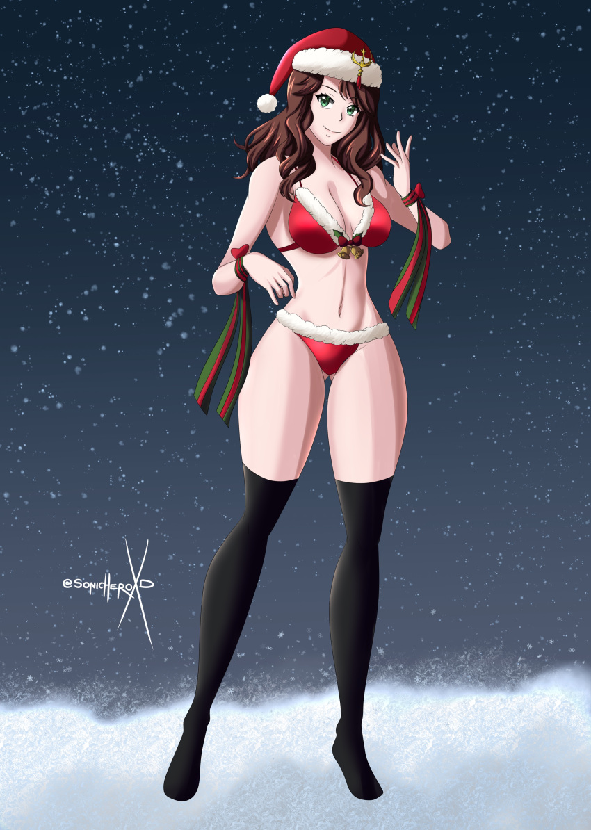 1girl 1girl 1girl alluring alternate_costume ass_visible_through_thighs bare_thighs big_breasts brown_hair christmas christmas_outfit cleavage dorothea_arnault female_only fire_emblem fire_emblem:_three_houses green_eyes hat intelligent_systems long_hair looking_at_viewer nintendo panties red_panties santa_hat sonicheroxd stockings thighs
