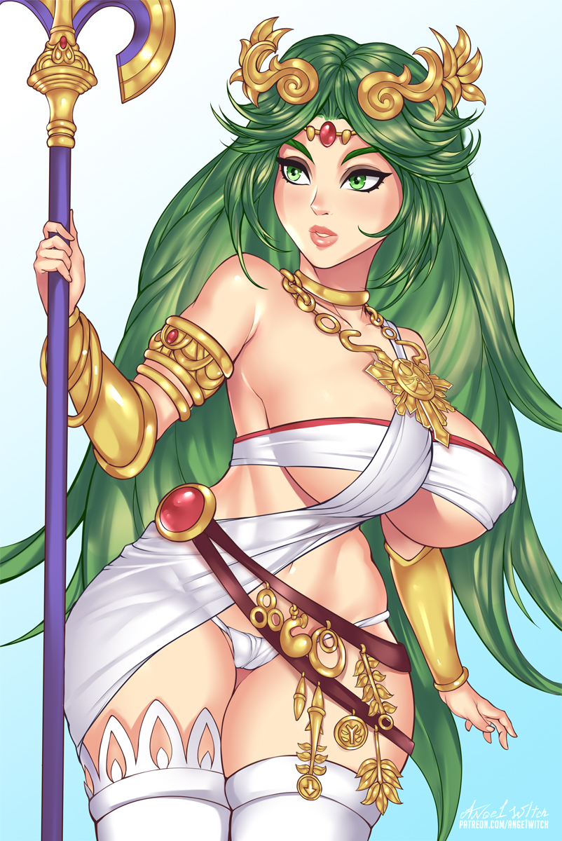 1girl 1girl 1girl alluring ange1witch big_breasts big_breasts cleavage female_only full_lips green_hair hourglass_figure kid_icarus light-skinned_female light_skin long_hair mature_female nintendo palutena panties slim_waist stockings thick_thighs wide_hips