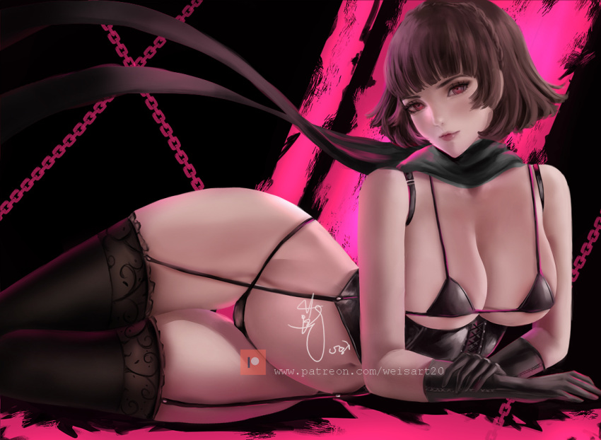 1girl 1girl 1girl alluring atlus big_breasts braid brown_hair corset female_only garter_belt garter_straps gloves hourglass_figure lingerie looking_at_viewer lying makoto_niijima makoto_niijima_(queen) panties persona persona_5 presenting red_eyes scarf sega short_hair silf solo_female solo_focus stockings stockings thick_thighs weisart