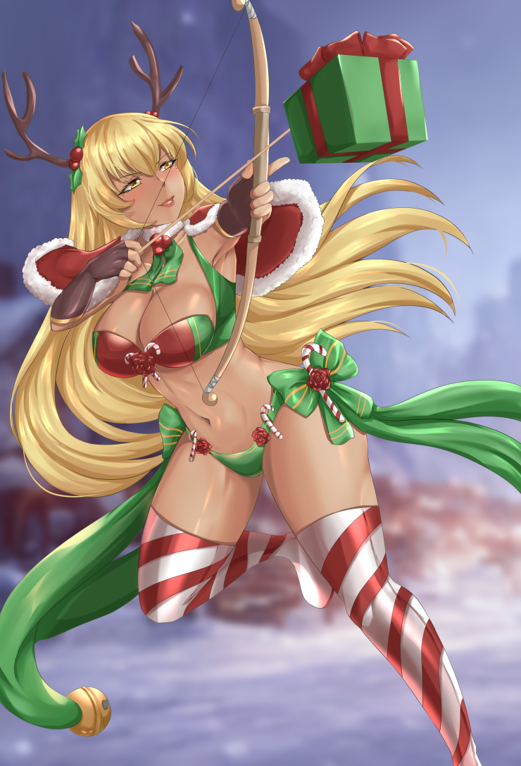1girl 1girl 1girls alluring alternate_costume antlers arrow_(weapon) attack bare_midriff bare_thighs big_breasts blonde_hair bow_(weapon) bra capelet christmas christmas_outfit cleavage dark-skinned_female dark_skin female_only fingerless_gloves fire_emblem fire_emblem:_the_binding_blade gift gloves green_panties igrene_(fire_emblem) intelligent_systems long_hair midriff nintendo open_mouth outside panties rinku_bny smile snow stockings thick_thighs thighs underwear very_long_hair weapon yellow_eyes