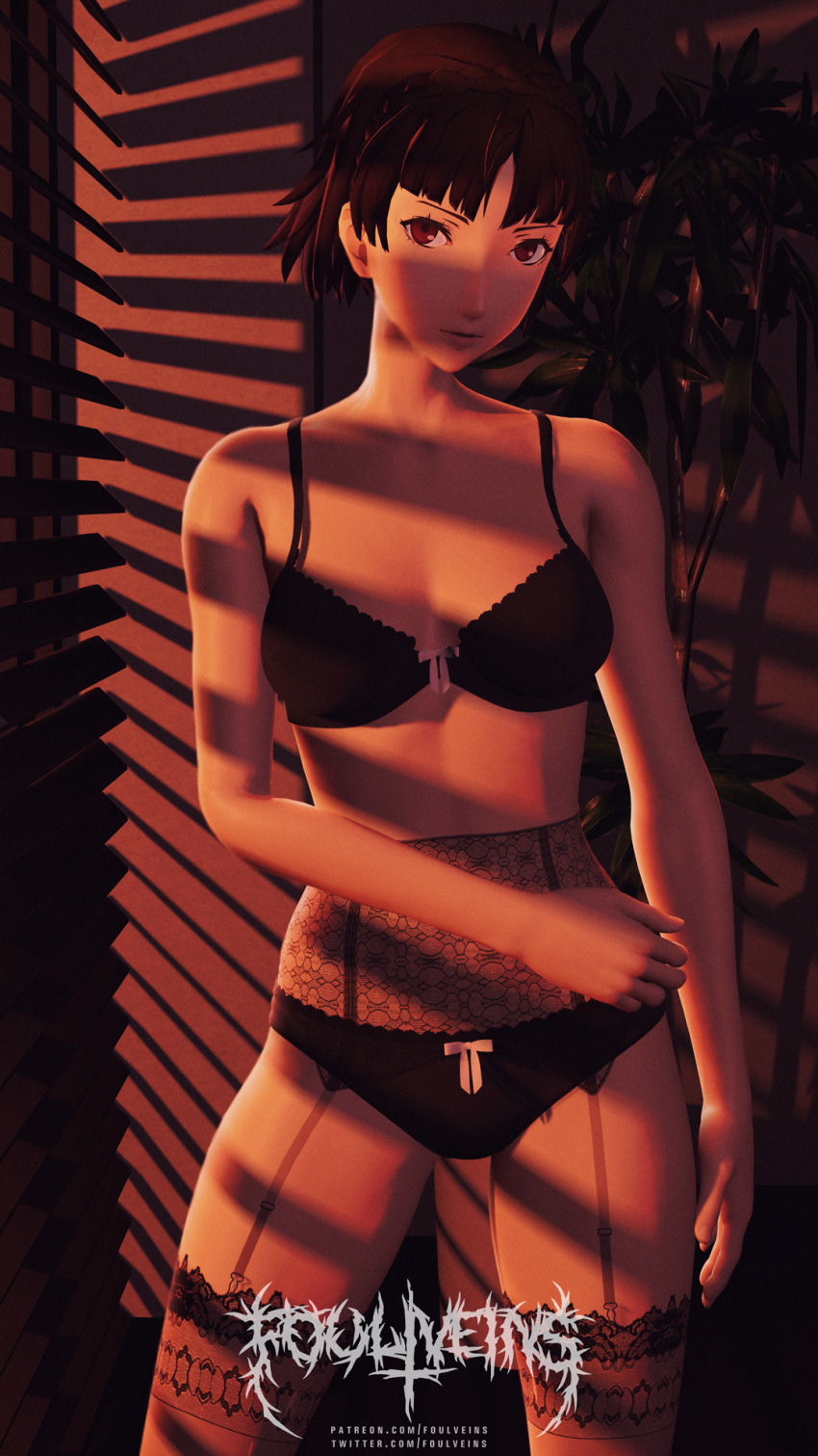 1girl 1girl 2020 3d alluring asian asian_female atlus bangs black_lingerie bow_bra bow_panties bra brown_eyes brown_hair foulveins garter_belt indoors lingerie makoto_niijima midriff panties persona persona_5 sega silf solo_female stockings stockings sunset