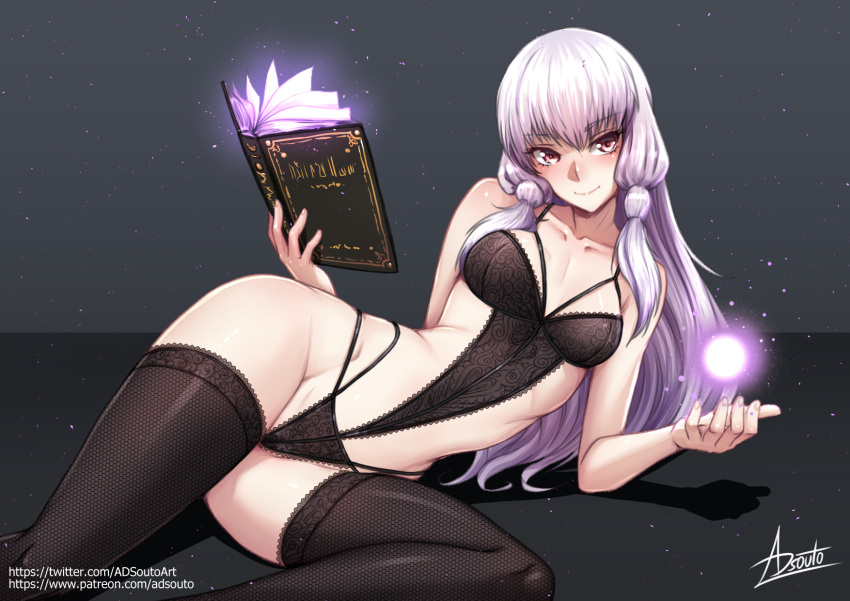 1girl 1girl adsouto alluring black_panties book collarbone fire_emblem fire_emblem:_three_houses grey_hair high_res holding holding_book holding_spellbook intelligent_systems lingerie long_hair lying lysithea_von_ordelia magic medium_breasts nintendo on_side open_book panties red_eyes signature smile spellbook stockings underwear variant_set