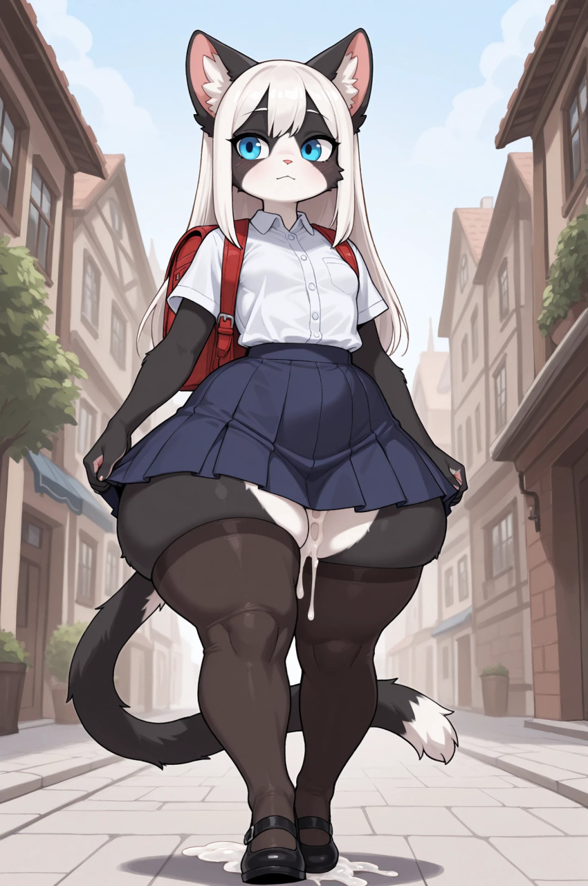 1girl 1girl ai_generated anthro anthro_female anthro_focus anthro_only backpack black_fur blue_eyes button_down_shirt cat cat_ears cat_girl cat_tail catgirl collared_shirt cub cum cum_drip cum_dripping cum_on_ground cum_on_thighs female_anthro female_cub female_focus female_only footwear furry furry_female furry_only implied_sex long_hair mary_janes outside outside school_uniform schoolgirl schoolgirl_uniform shirt shoes short_sleeves skirt slim_waist small_breasts small_breasts solo_female solo_focus stockings straight_hair tagme thick_thighs town two-tone_fur white_fur white_hair wide_hips young young_anthro young_female