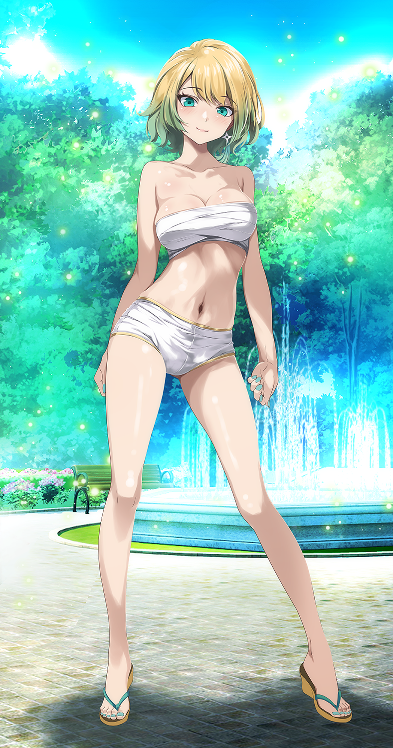 1girl 1girl alluring bandages bare_shoulders bench blonde_and_teal_hair bloom blue_eyes bush cleavage earrings fire_emblem fire_emblem_heroes fjorm_(fire_emblem) fjorm_(ninja)_(fire_emblem) fountain gloves gradient_hair high_res intelligent_systems jewelry kunai looking_at_viewer medium_breasts multicolored_hair navel ninja nintendo official_alternate_costume outside park park_bench road sandals sarashi short_hair short_shorts shorts shuriken smile stockings sunlight tree tsukishiro_saika weapon white_mask white_shorts zouri