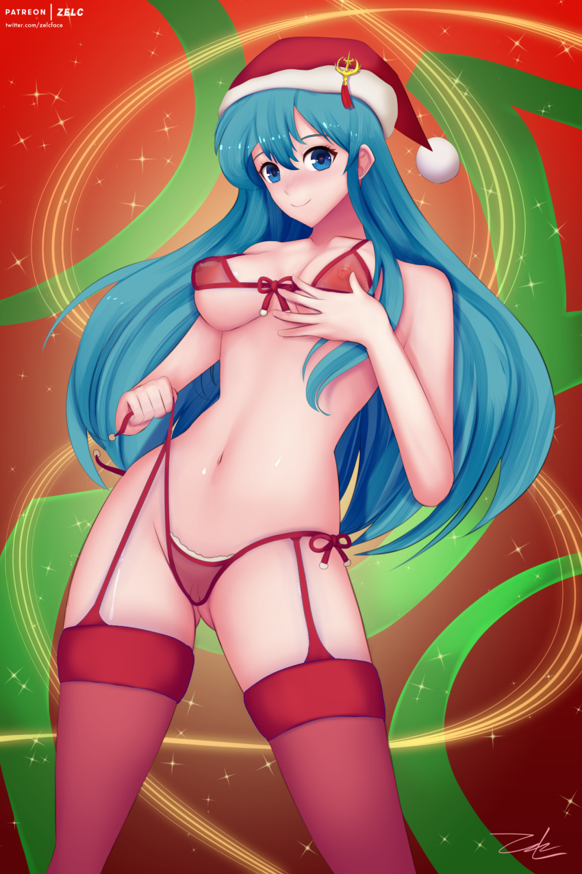 1girl 1girl alluring blue_hair christmas christmas_outfit eirika_(fire_emblem) fire_emblem fire_emblem:_the_sacred_stones fire_emblem_heroes gloves intelligent_systems lingerie nipples panties partially_clothed santa_hat see-through see-through_bra see-through_panties solo_female stockings stockings string_bra string_panties taking_clothes_off underwear undressing zelc-face