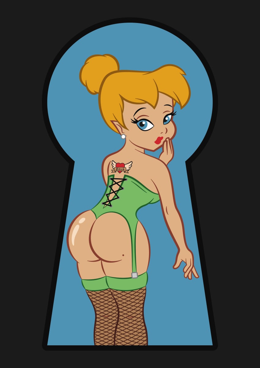 1girl 1girl ass assteroids back_view blonde_hair blue_eyes blush earrings eyebrows eyelashes female_only keyhole lipstick peter_pan peter_pan_(disney) stockings tagme tinker_bell