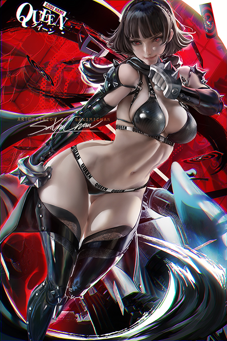 1girl 1girls abs alluring athletic_female atlus big_breasts bra cleavage clothing female_abs female_only fit_female human makoto_niijima makoto_niijima_(queen) pale_skin panties persona persona_5 phantom_thief_suit pin_up sakimichan sega silf stockings thick_thighs
