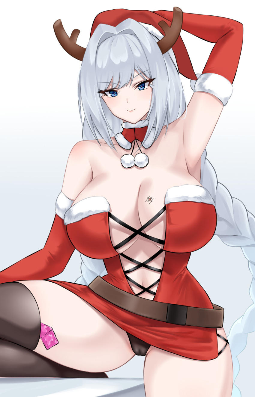 1girl 1girls absurd_res alluring alternate_costume bare_shoulders big_breasts big_breasts black_panties black_stockings black_thighhighs blue_eyes braid braided_hair breast_tattoo christmas cleavage crimecrime curvy elbow_gloves ethel_(xenoblade) female_only gloves high_res hourglass_figure long_hair looking_at_viewer midriff milf monolith_soft navel nintendo panties red_gloves revealing_clothes santa_costume santa_hat silver_hair slim_waist stockings stockings tattoo tattoo_on_chest thick_thighs thighs very_long_hair voluptuous wide_hips xenoblade_(series) xenoblade_chronicles_3