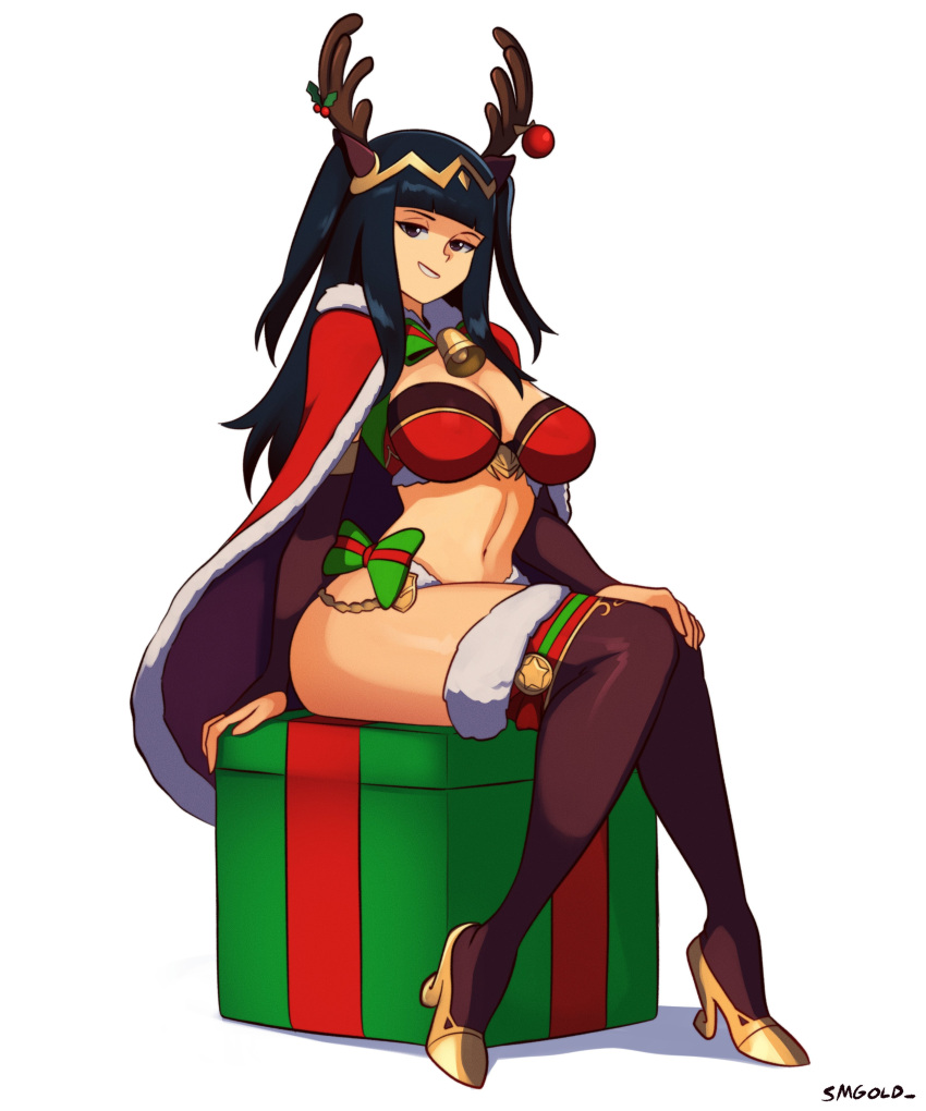 1girl absurd_res alluring artist_name bell big_breasts bikini black_hair blunt_bangs box brown_eyes cape commentary english_commentary fake_antlers fire_emblem fire_emblem_awakening fire_emblem_heroes fire_emblem_warriors full_body gift gift_box grin high_heels high_res intelligent_systems milf navel neck_bell nintendo official_alternate_costume on_box red_cape santa_bikini santa_costume sitting sitting_on_box smgold smile stockings stomach swimsuit tharja tharja_(fire_emblem) tharja_(normal_girl) thick_thighs thighs white_background