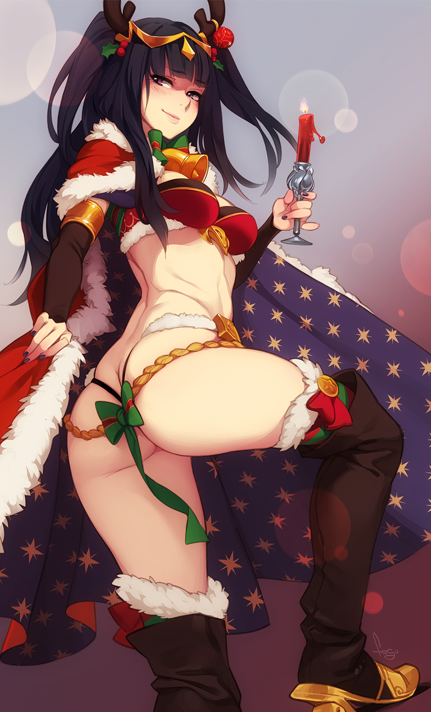 1girl alluring alternate_costume ass ass_cleavage ass_crack bell bell_collar big_ass boots bow butt_crack candle cape christmas cleavage collar fake_antlers feguimel fire_emblem fire_emblem_awakening fire_emblem_heroes fire_emblem_warriors fur_trim high_res intelligent_systems looking_at_viewer nintendo official_alternate_costume smile solo_female stockings tharja tharja_(fire_emblem) thigh_high_boots