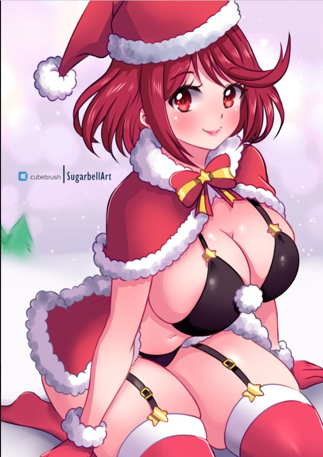 1girl alluring arm_support big_breasts black_bra black_panties blush bow bowtie bra bubble_background cape capelet christmas cleavage fur-trimmed_cape fur-trimmed_capelet fur-trimmed_gloves fur-trimmed_headwear fur_trim garter_belt garter_straps gloves grey_background hat heroine light_particles looking_at_viewer milf navel nintendo panties pom_pom_(clothes) pyra_(xenoblade) red_bow red_bowtie red_cape red_capelet red_eyes red_gloves red_hair red_hat red_theme red_thighhighs santa_costume santa_hat short_hair sitting smile snow star_(symbol) stockings sugarbell thick_thighs thighs tree underwear winter xenoblade_(series) xenoblade_chronicles_2